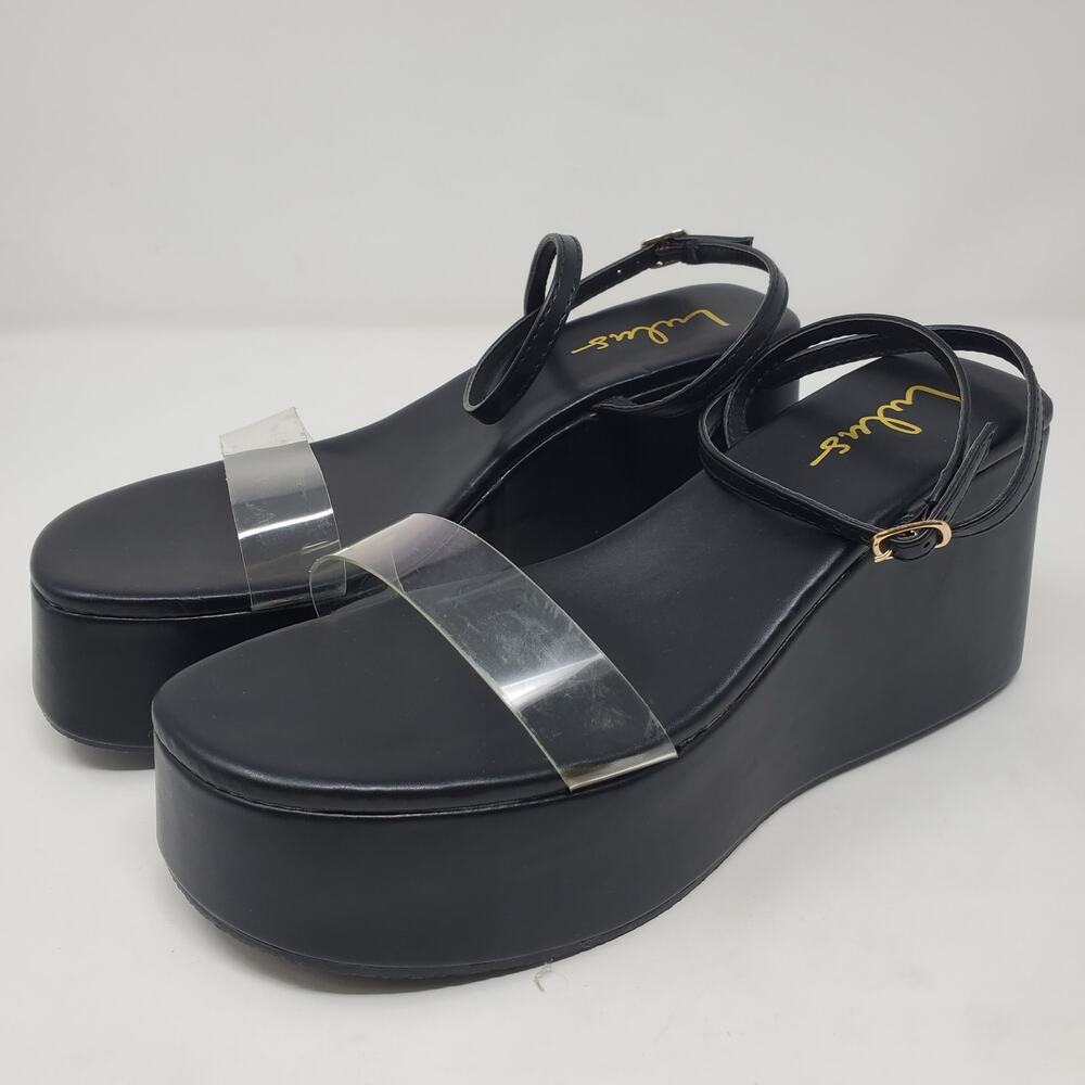 Lulus Black Platform Wedge Ankle Strap Sandals Clear Vinyl SZ 8 Retro Y2K Style